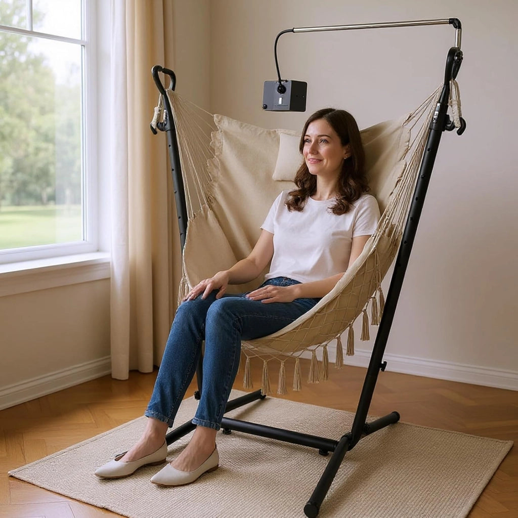 Sedia Amaca Sospesa con Supporto, Sedia Sospesa Regolabile in Altezza 6 Livelli, Supporto Porta Cellulare, Tasca Laterale, Cuscino, Portata 250 kg (Beige)