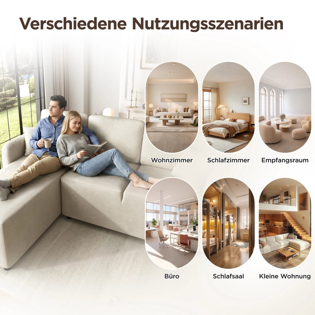 Divano angolare 3 posti in ciniglia con seduta relax e cuscini inclusi struttura in legno beige chiaro compatto