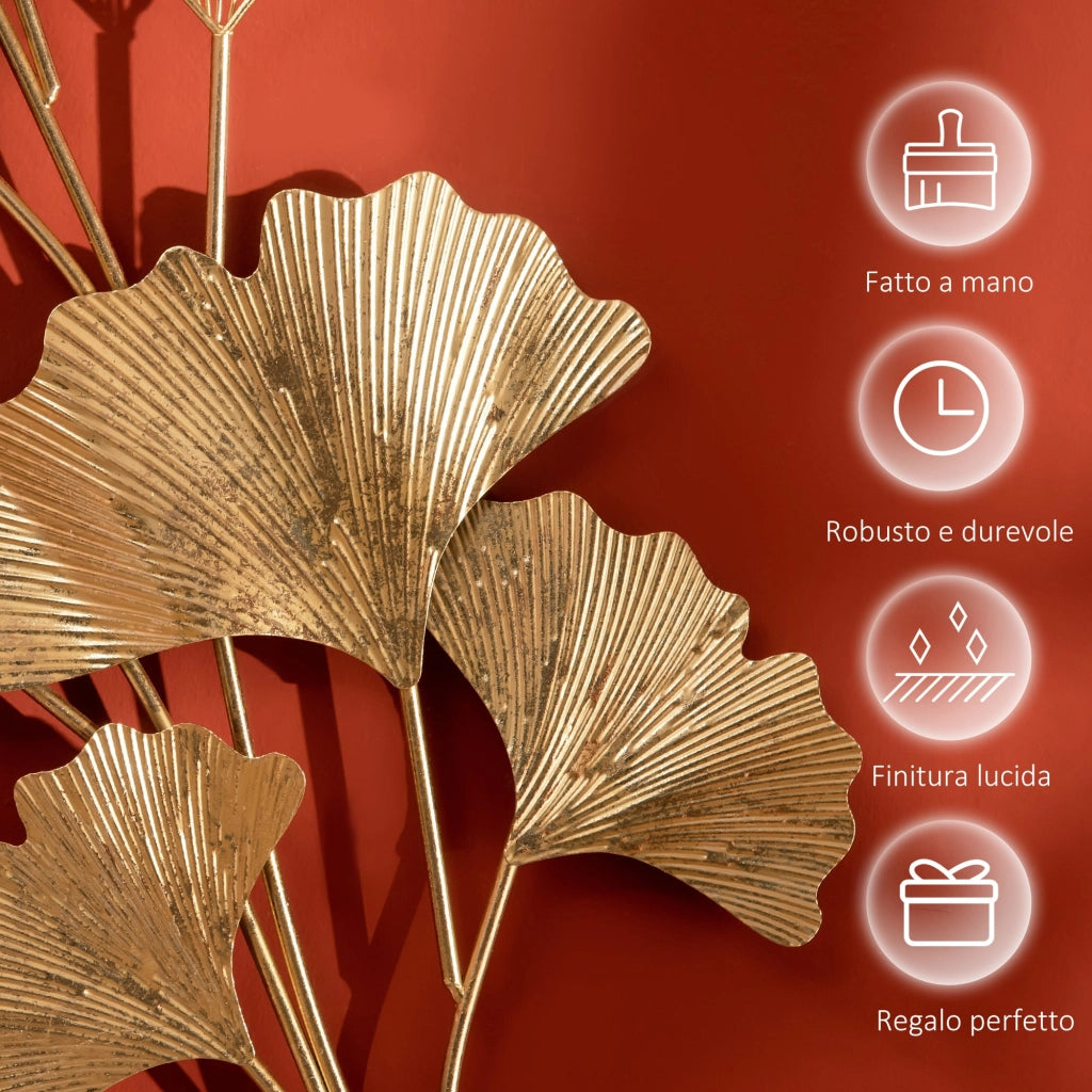 Decorazione Murale 3D 138x70 cm in Metallo Wall Art Dorata con Foglie di Ginkgo