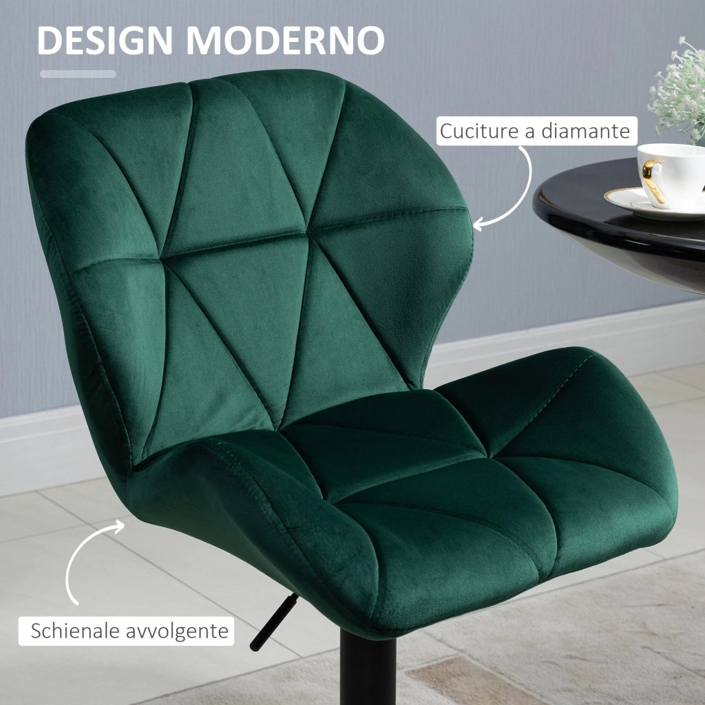 EasyComfort Set 2 Sgabelli da Bar, Altezza Regolabile con Base in Metallo e Seduta in Velluto, Sgabelli Moderni con Schienale e Poggiapiedi, 46x48x83-104cm, Verde