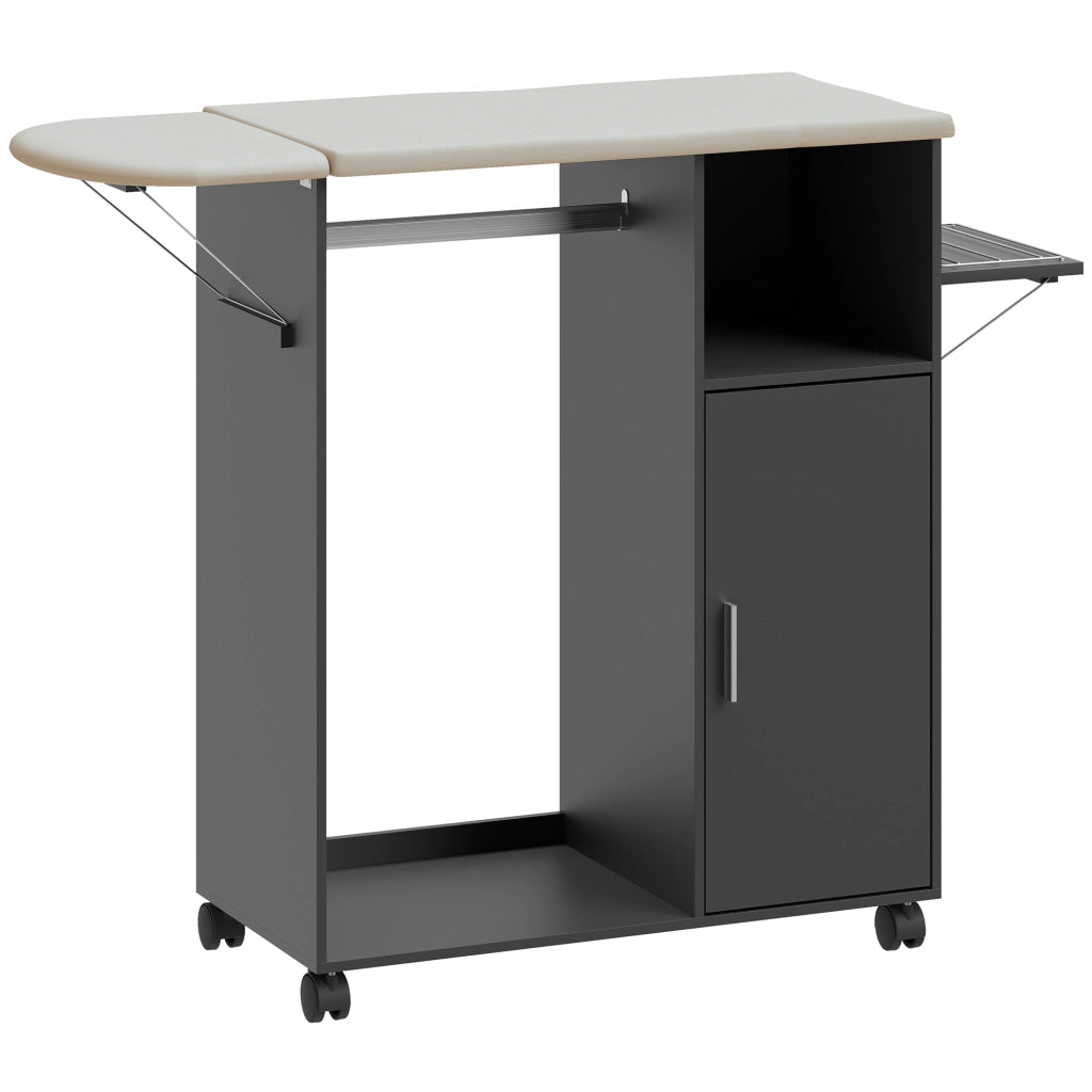 Mobile Asse da Stiro 127x42.5x99 cm con Piano d'Appoggio Effetto Lino 3 Ripiani a Cubo e Guida Nero