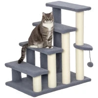 Scala per Gatti a 4 Livelli Coperto di Morbida Franela Palo di Sisal Palla Appesa 60x40x64 cm Grigio