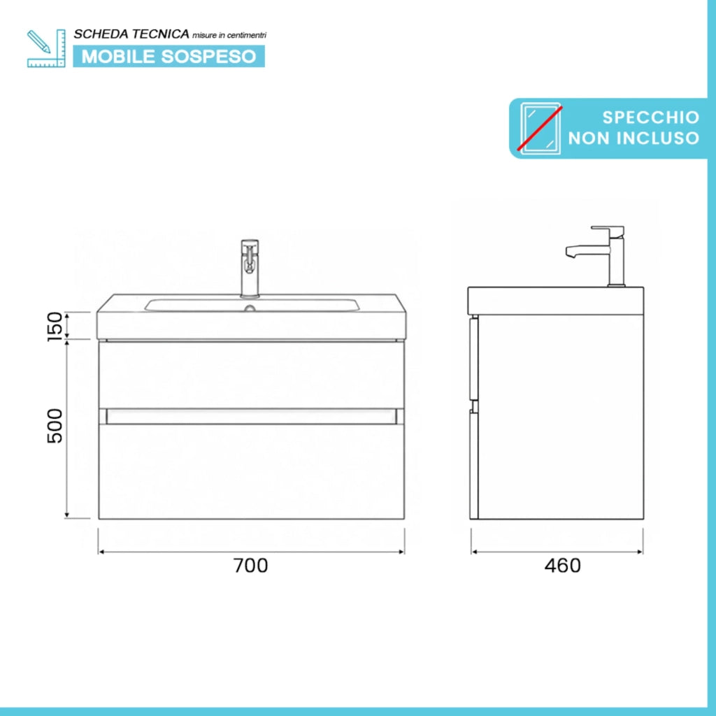 Mobile bagno sospeso 70 cm in rovere naturale con due cassetti e lavabo in resina Nadia