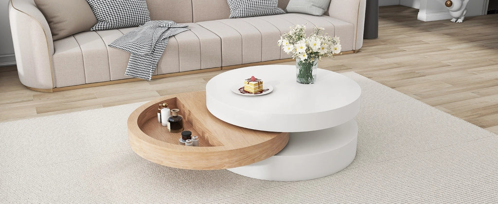 Tavolino basso girevole con 3 piani e vano contenitore nascosto per soggiorno in MDF bianco e legno naturale 60 × 60 × 35,1 cm