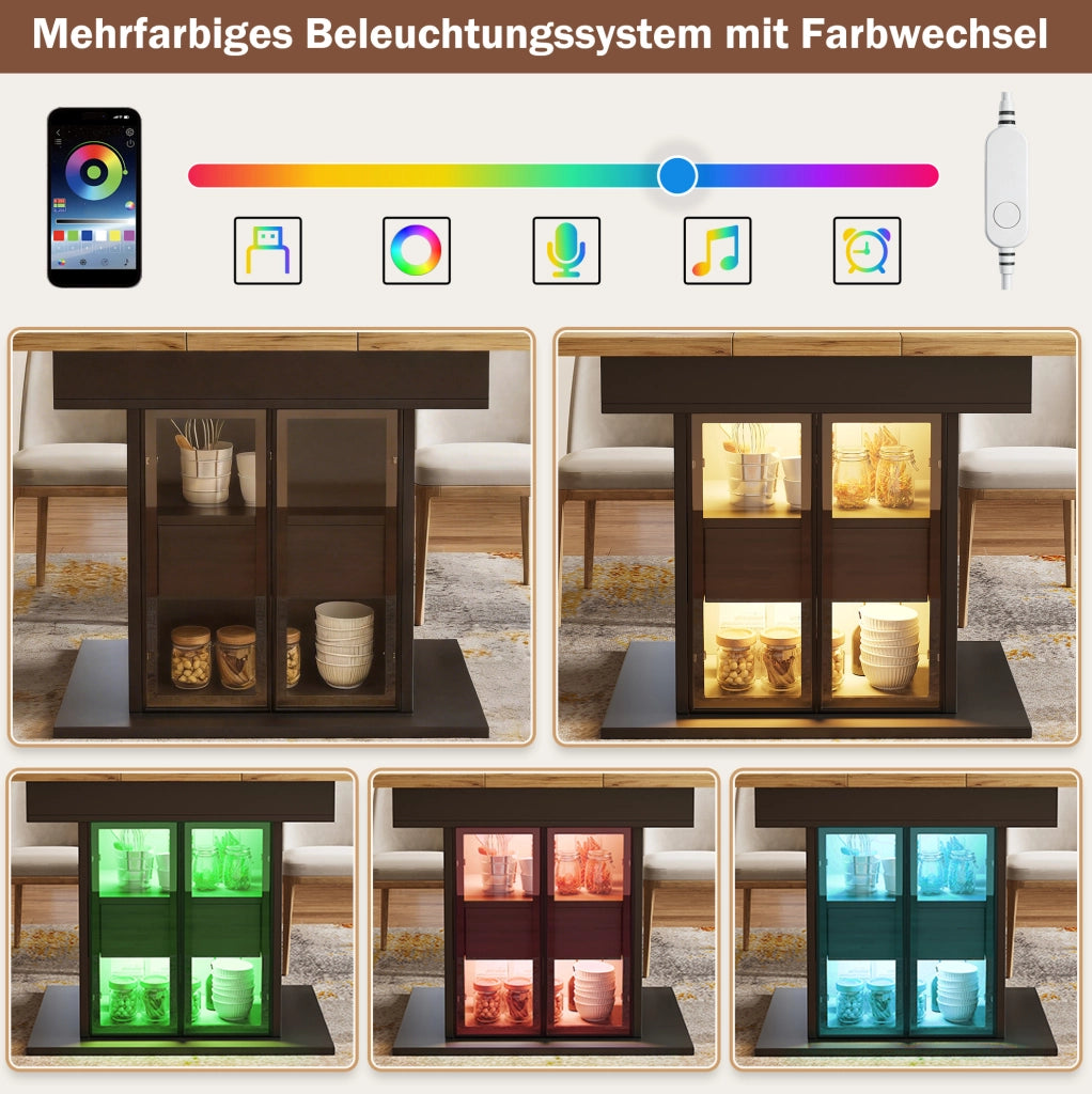Tavolo da pranzo allungabile nero con LED RGB e contenitore