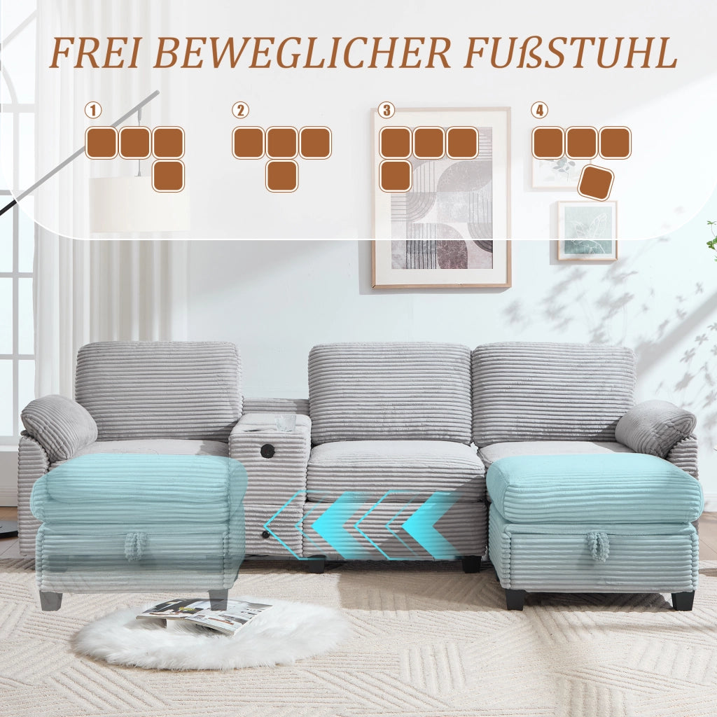 Divano ad angolo in cord con console scorrevole, porta USB-C, tasche laterali e pouf contenitore grigio chiaro