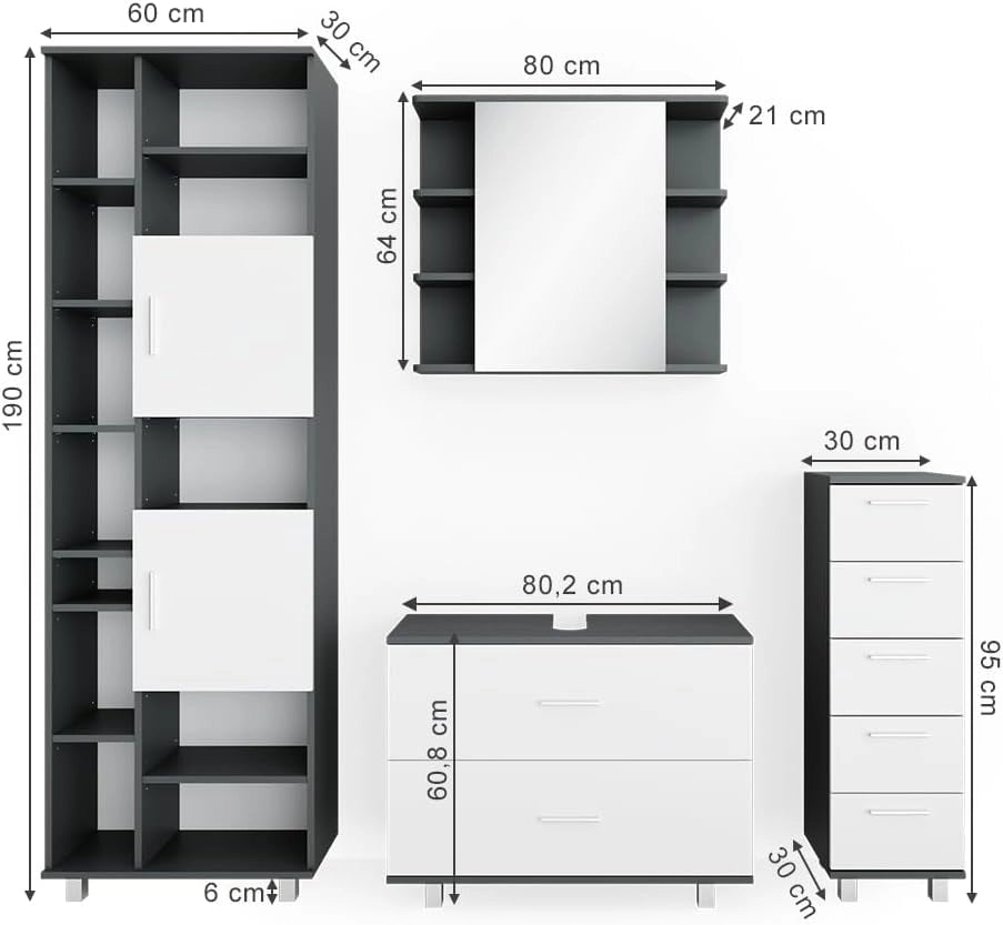 Set mobili bagno Ilias, Bianco/antracite, 80.2 cm, composto da mobile lavabo, pensile a specchio, colonna e base media