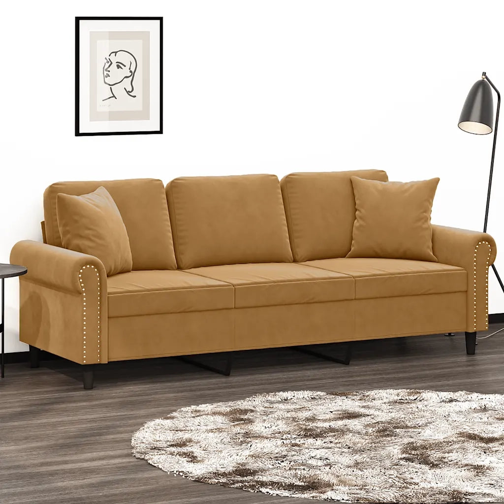 Divano a 3 Posti con Cuscini Marrone 180 cm in Velluto 3200962