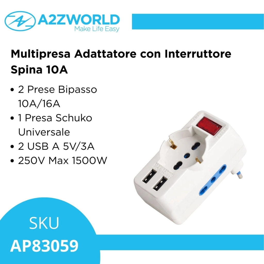 Adattatore con Interruttore Spina 10A con 2 Prese Bipasso 10A/16A 1 Presa Universale e 2 USB A 5V/3A 250V Max 1500W