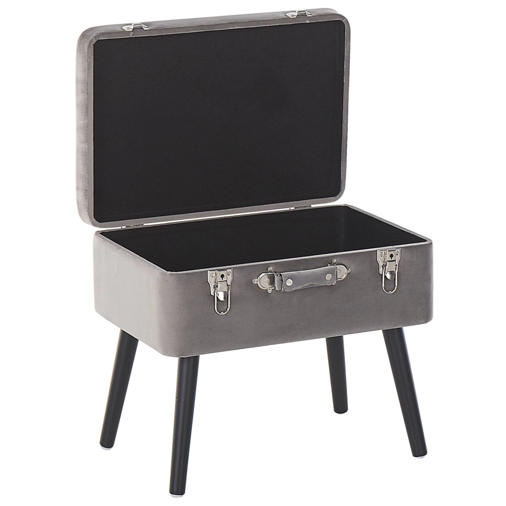 Comodino Sgabello Contenitore gambe nere imbottite in velluto grigio a forma di valigia con bottoni