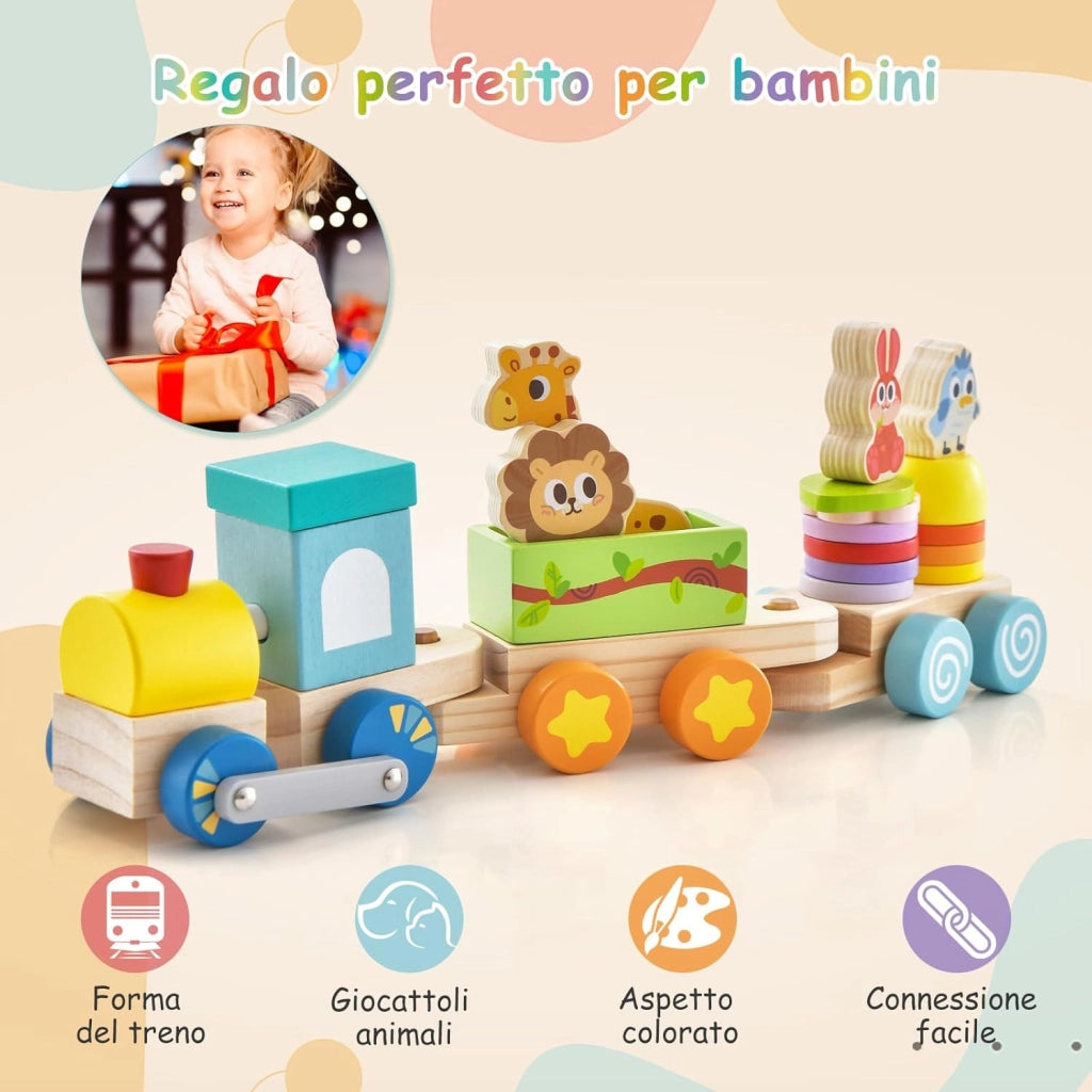 Set di Trenino Impilabile in Legno, Trenino Educativo in Legno Massello, Gioco Educativo in Legno per Bambini 3+ Anni