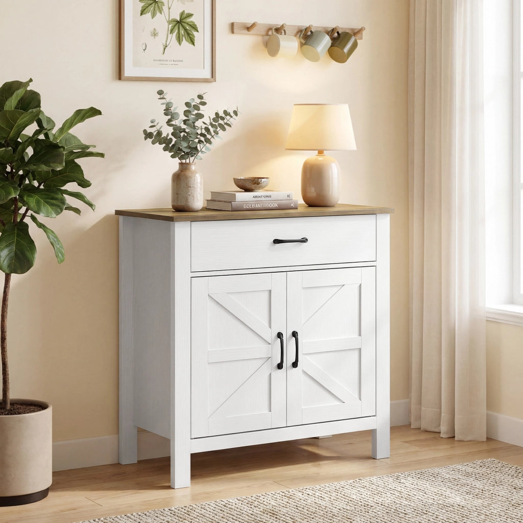 Credenza ¨C zephmum ¨C 77x39.3x81.5cm, bianco e marrone, 2 ante, cassetto, ripiano regolabile