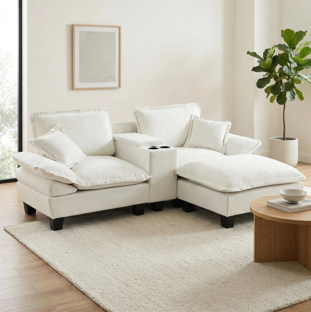 Divano modulare Cloud a forma di L in chenille beige con porta bicchieri, USB, pouf e cuscini