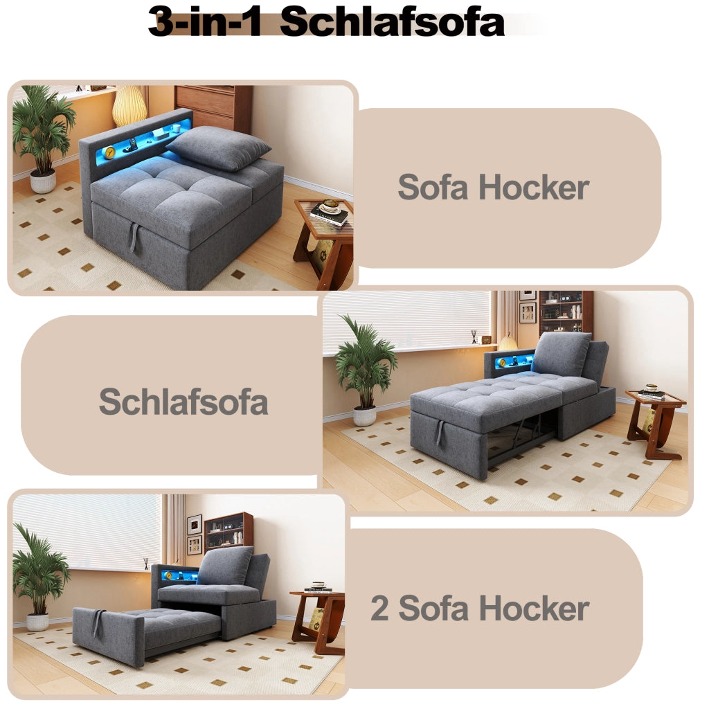 DIVANO LETTO 3 in 1 177x68x65 cm Grigio chiaro in tessuto con LED e USB