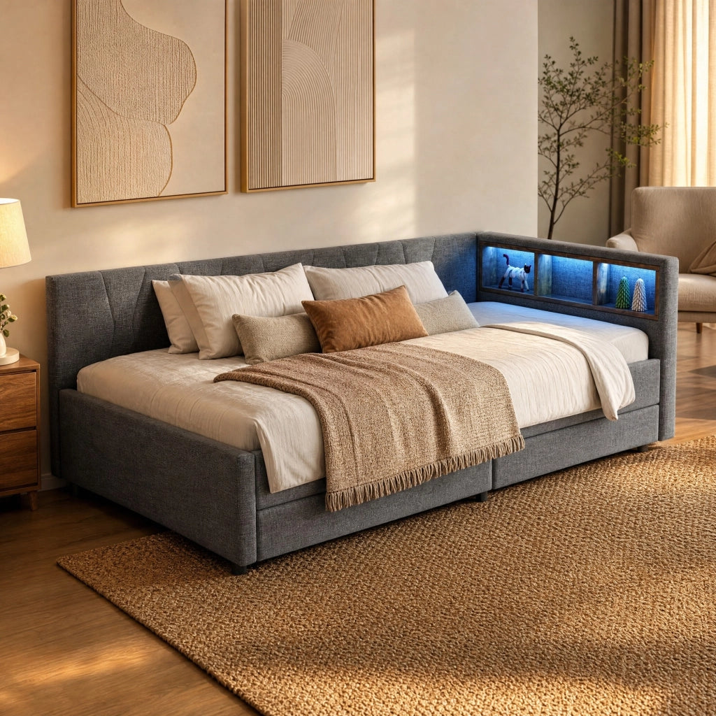 DESMIU Letto singolo 90 × 200 cm con 2 cassetti, LED, USB e Type-C, senza materasso, in lino, grigio