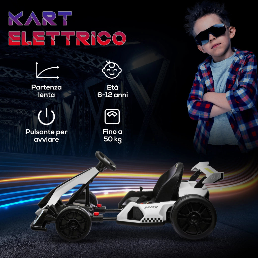 EasyComfort Go Kart Elettrico per Bambini 6-12 Anni 24V 12km/h con Seggiolino Regolabile, Bianco