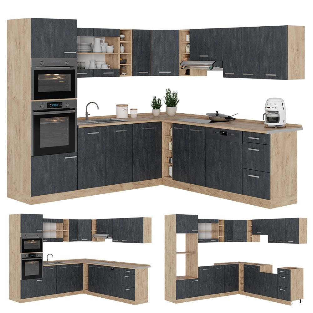 Cucina angolare completa R-Line Calce nera/Rovere dorato 247 x 237 cm PL Marmo Vicco