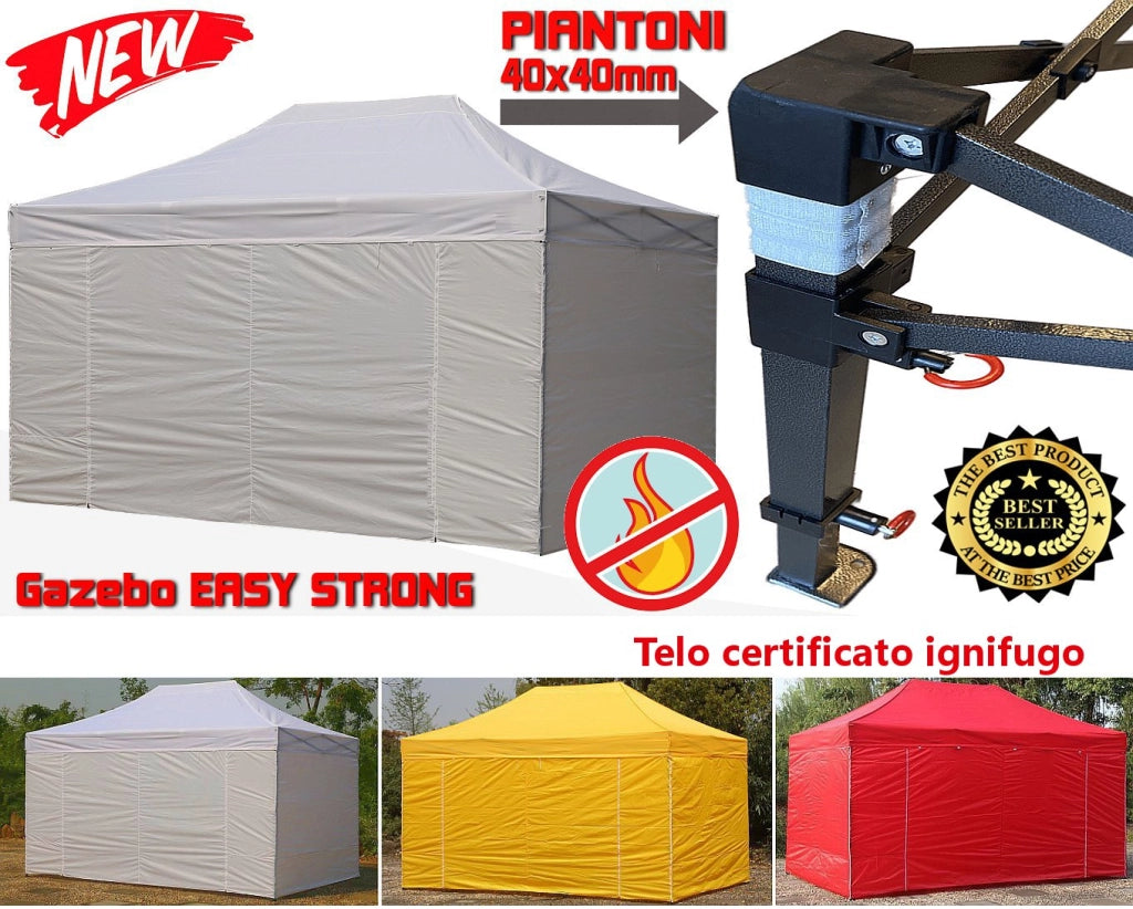 Gazebo 3x4,5m bianco certificato IGNIFUGO SENZA laterali pieghevole portatile estendibile richiudibile estensibile acciaio per fiere eventi stand chiosco tenda tendone mercato mercatino