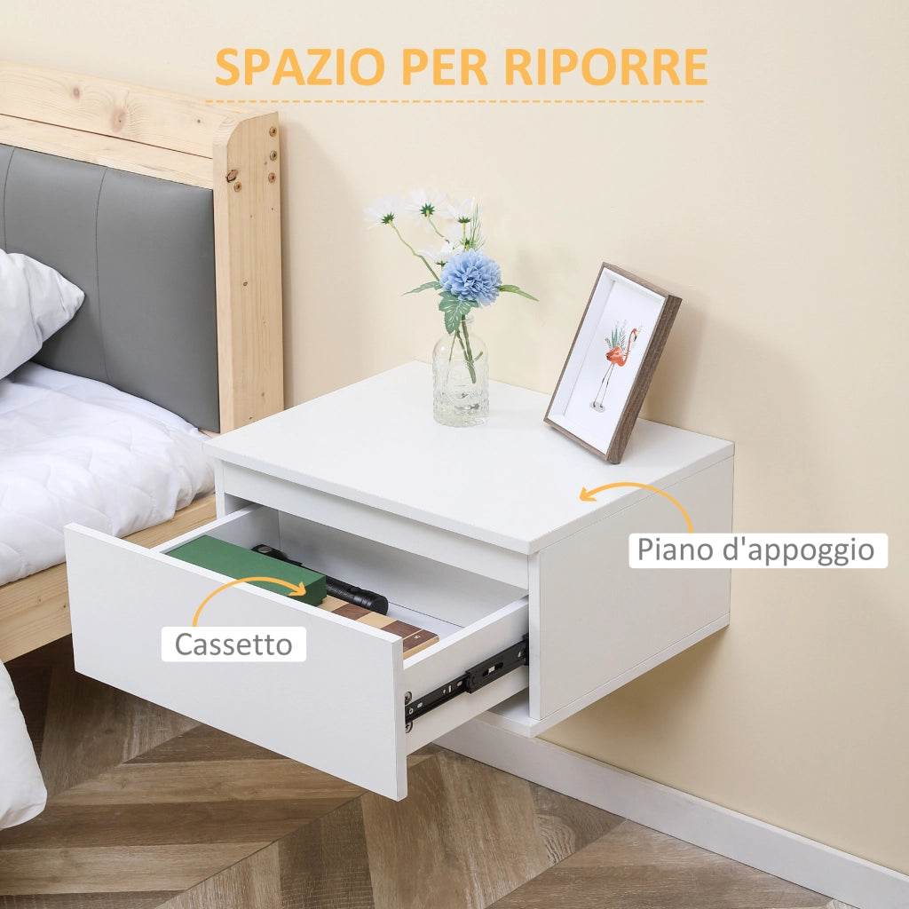 Comodino Set 2 Pezzi con Cassetto e Design Sospeso in Truciolato e MDF, 49x38x23 cm, Bianco