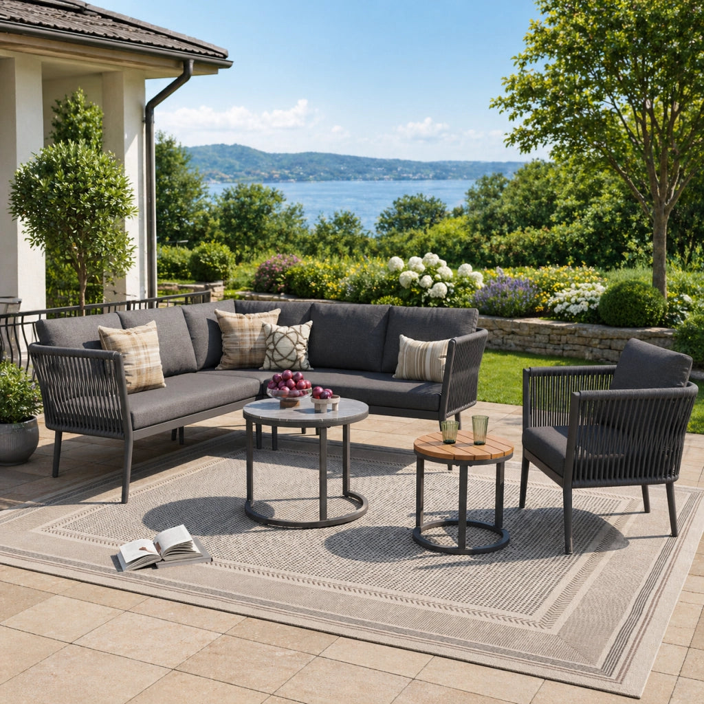 Set salotto da giardino modulare; schienale ergonomico; metallo e olefina grigio