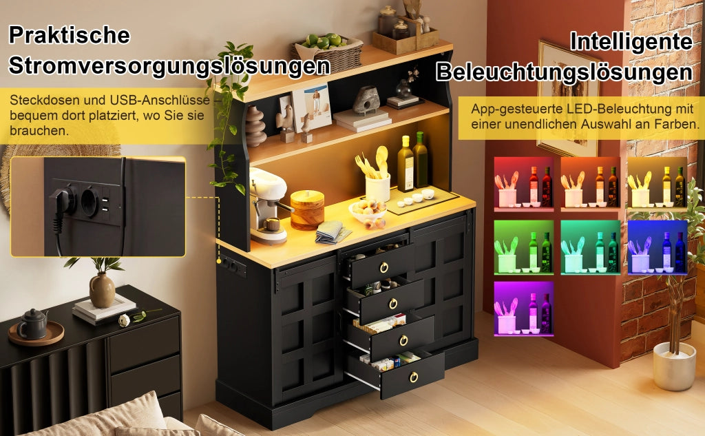 Credenza e madia con 2 ante scorrevoli, 4 cassetti e LED RGB, per cucina e sala da pranzo, nero, 120 × 40 × 150 cm