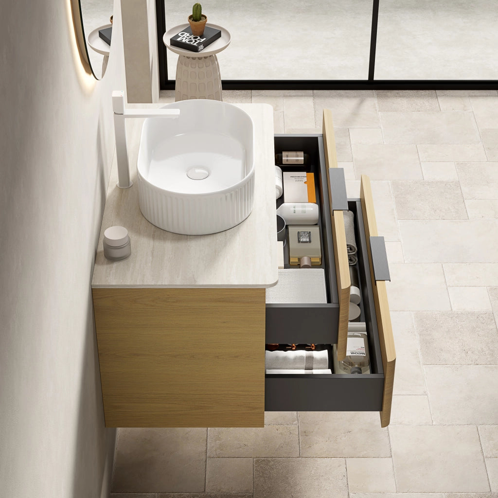 Mobile bagno con lavabo ovale in ceramica e 2 cassetti; top effetto travertino; per bagno; beige rovere bianco