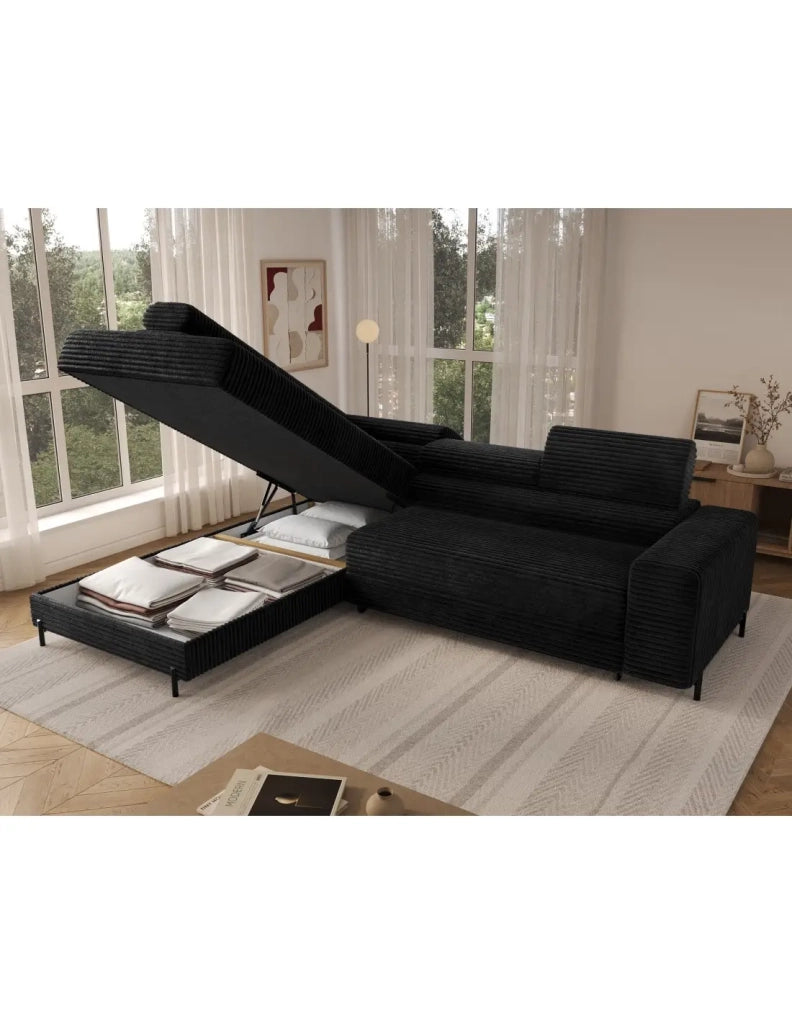 Divano ad angolo COLESIA convertibile 5 posti nero velluto a coste – sinistra – 274x200cm