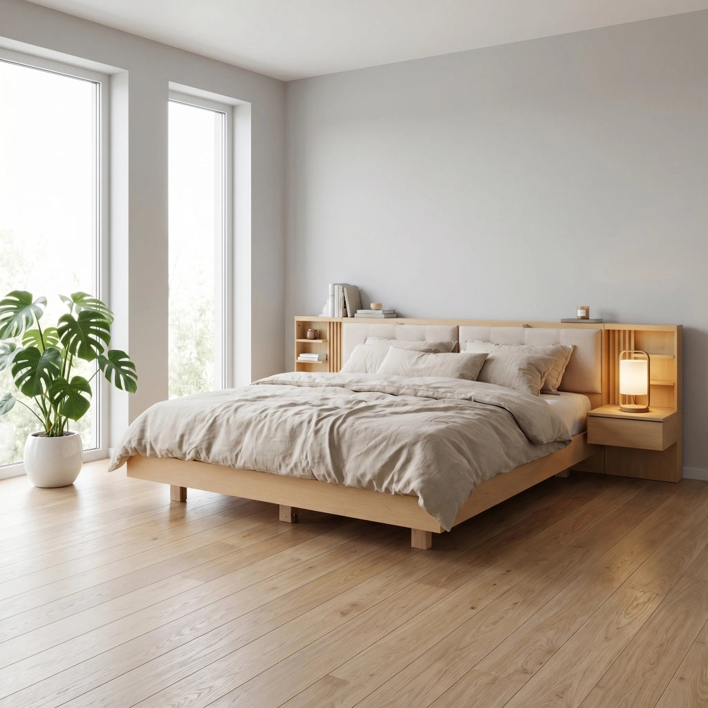 Letto flottante con testiera contenitore, USB e cassetti, 180x200 cm