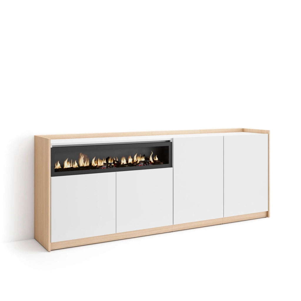 Credenza, Mobile, Cucina, 207x80x37 cm, 4 Porte, Camino elettrico, Bianco e Rovere soft