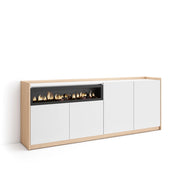 Credenza, Mobile, Cucina, 207x80x37 cm, 4 Porte, Camino elettrico, Bianco e Rovere soft