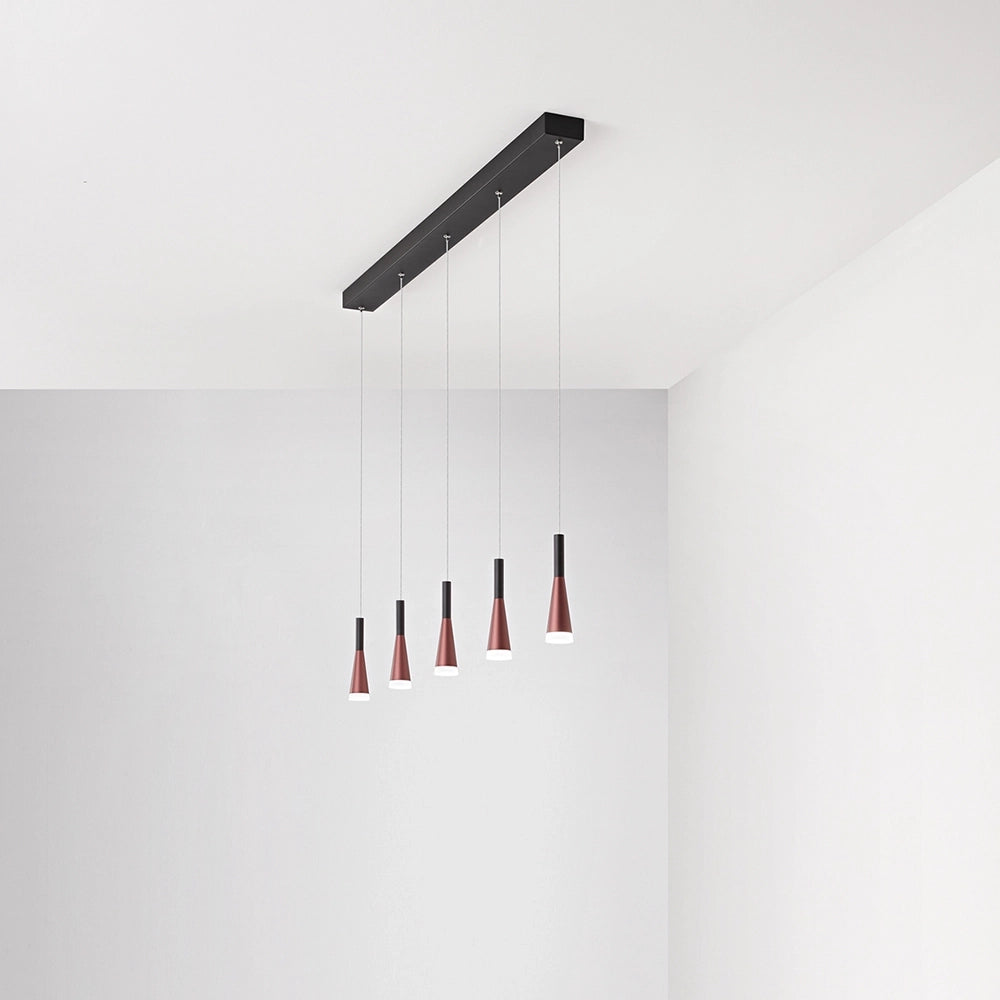 Lampadario Lineare Minimal Cone Metallo Oro Acrilico Nero 5 Luci Led 7W 3000K