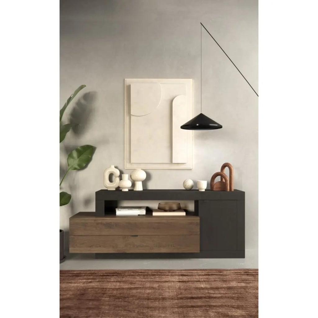 Buffet 1 porta 2 cassetti, collezione DOMI, grigio antracite/quercia scura, per soggiorno design
