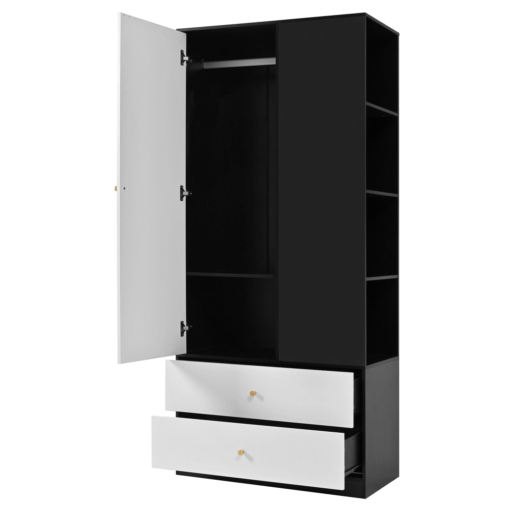 Armadio bianco e nero con specchio, 1 anta, 2 cassetti e 4 ripiani, 80x40x180 cm