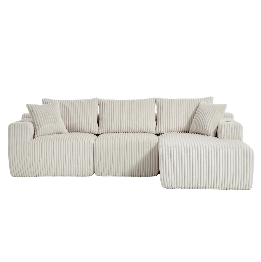 Divano modulare beige con penisola, velluto a coste, 5 cuscini e portabevande laterali