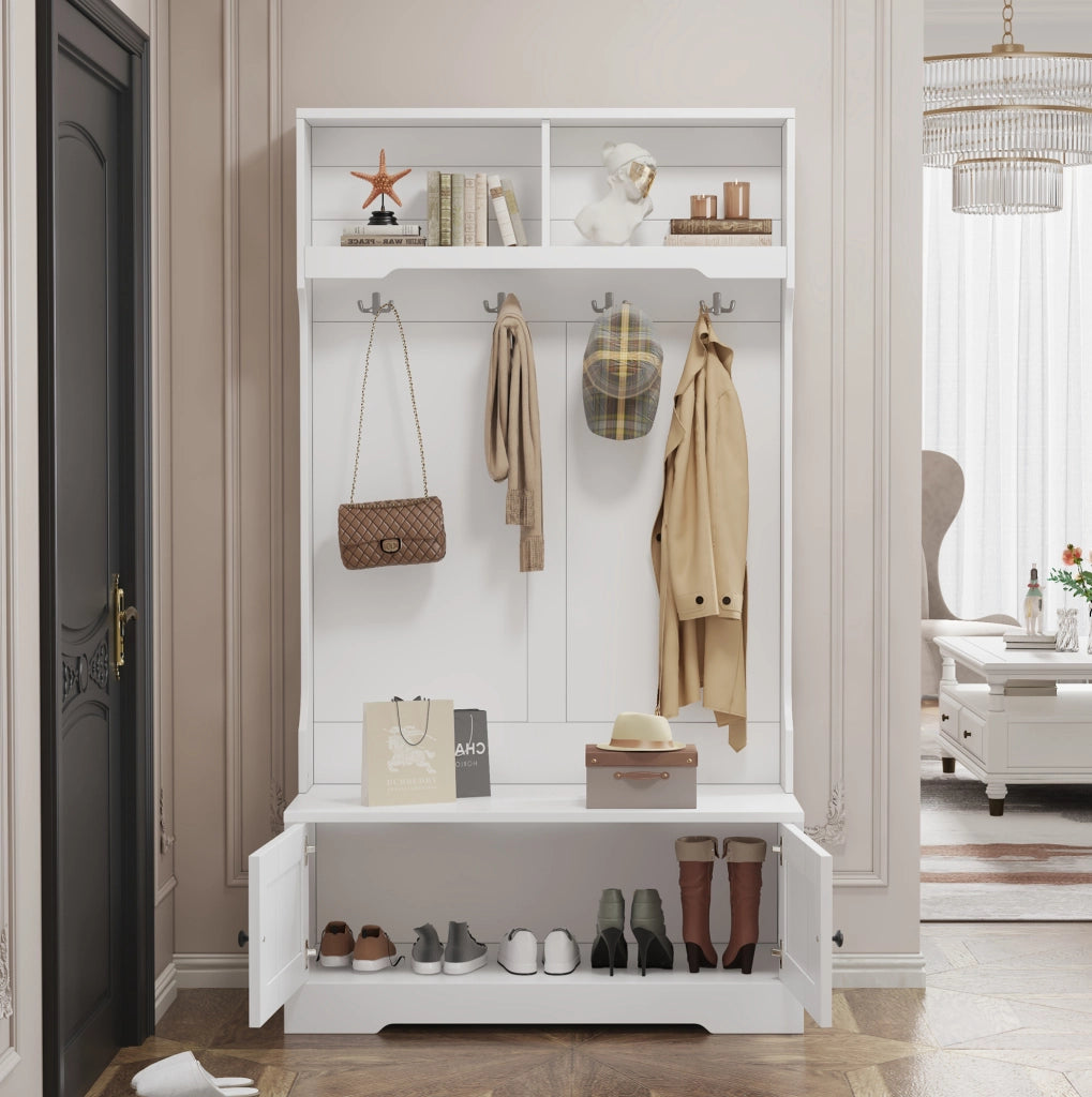 Mobile da ingresso con panca 101，5x47x183 cm bianco， 4 ganci， 2 vani