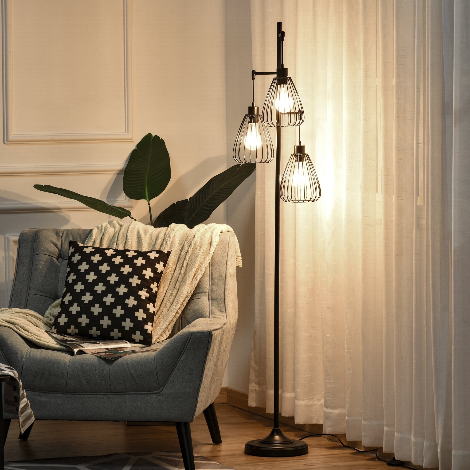 Lampada da Terra con Paralumi E27 in Metallo Nero