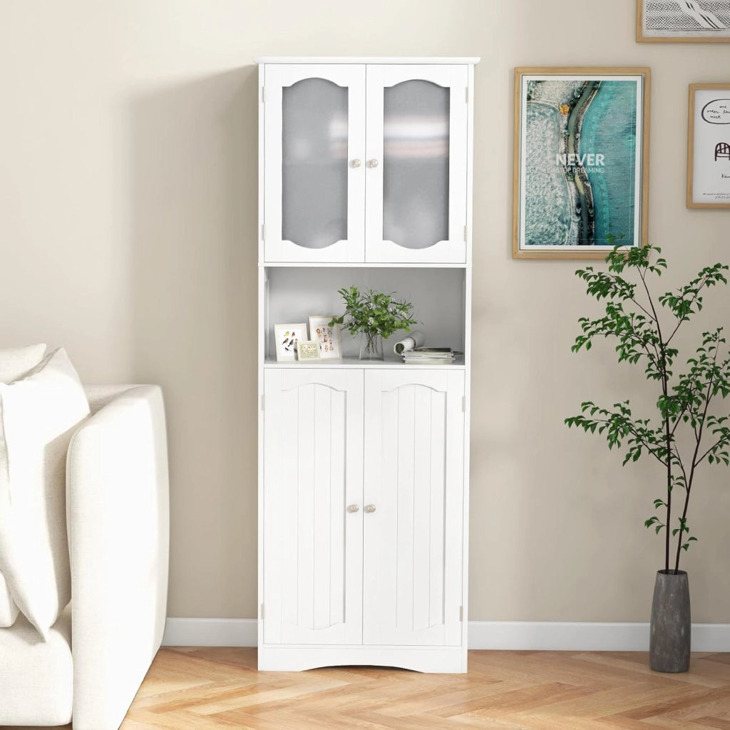 Armadio Alto da Bagno con Ante in Vetro Temperato, Ripiani Regolabili, Kit Anti-Ribaltamento, per Bagno, Soggiorno, Sala da Pranzo e Cucina, 60x30x164 cm (Bianco)