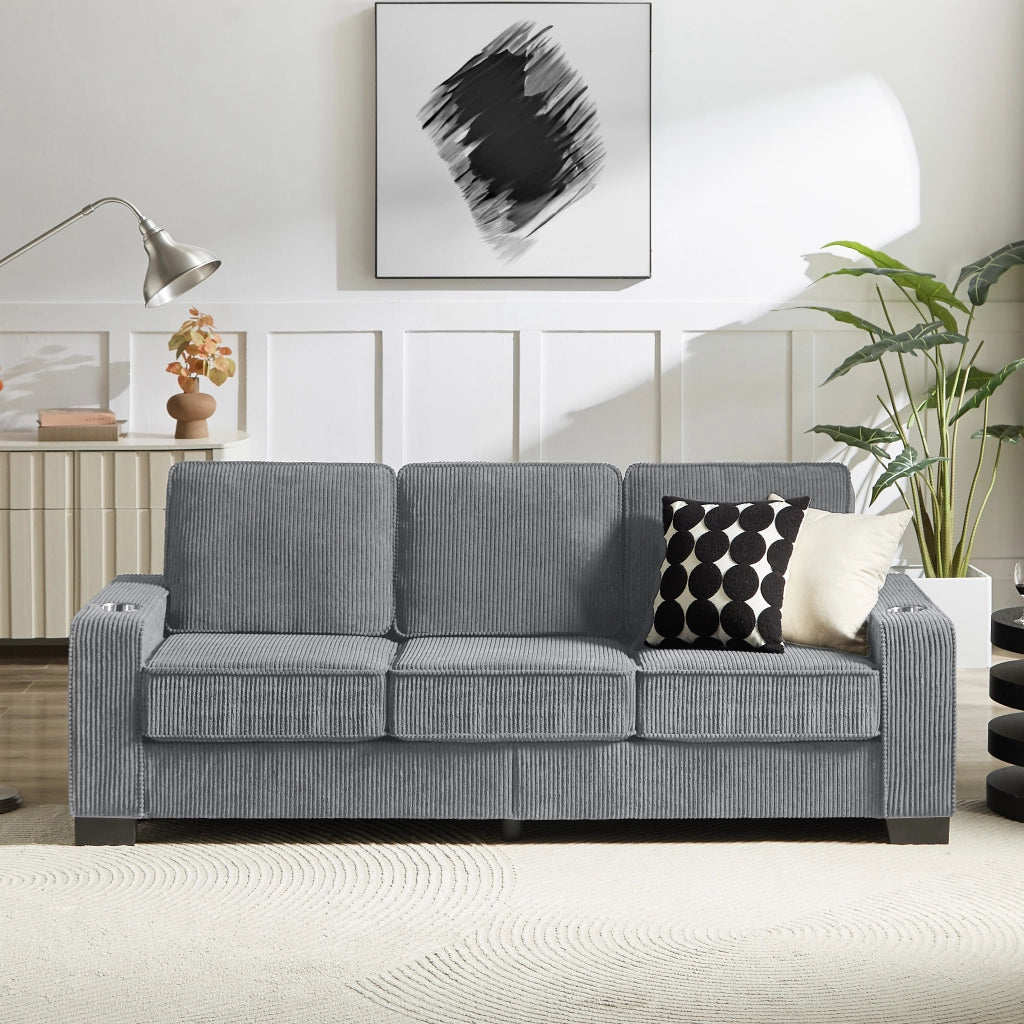 Divano a 3 posti in velluto a coste con portabicchieri e comfort ergonomico per soggiorno grigio 206 cm