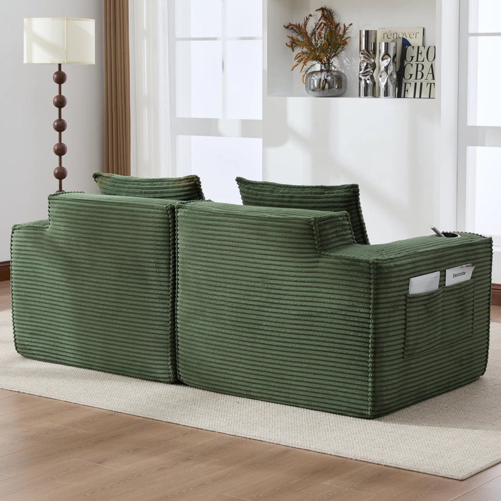 Divano modulare a 2 posti in tessuto corduroy con portabicchieri, tasche laterali e imbottitura in molle e schiuma