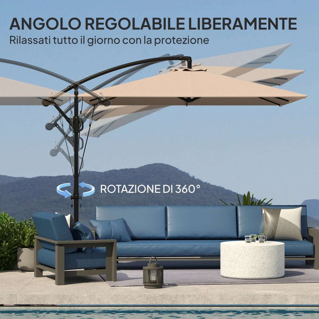 Ombrellone Decentrato 2.5x2.5 m con Base a Croce e Manovella, in Metallo e Poliestere, Cachi