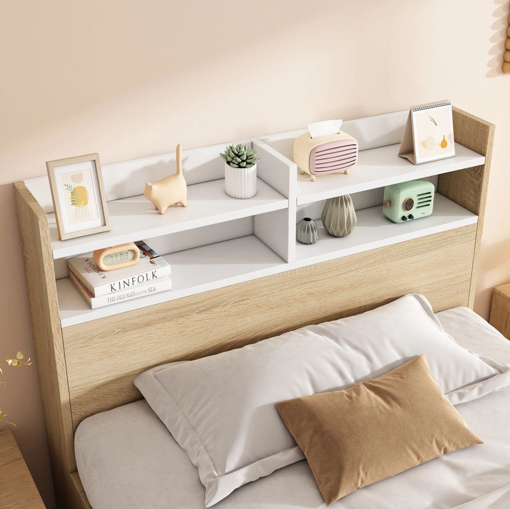 Letto singolo con contenitore 90x190 cm bianco e rovere; testiera con ripiani e 2 cassetti