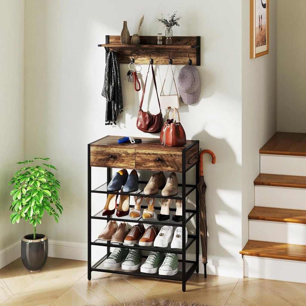 Set di Appendiabiti e Scarpiera, Organizer per Scarpe a 5 Ripiani con Appendiabiti da Parete, Ganci, Cassetti, Attaccapanni Industriale per Ingresso, Camera da Letto, Marrone Rustico