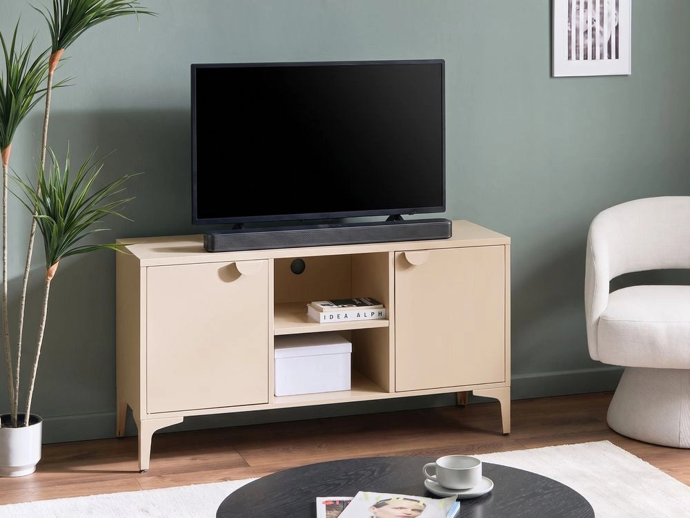 Mobile TV in acciaio verniciato color beige chiaro con 2 ante e 6 ripiani con vano aperto per soggiorno stile industriale