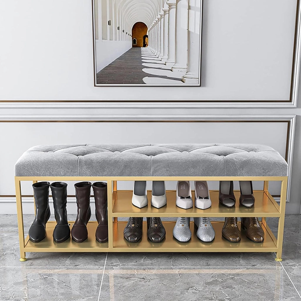 scarpiera Panca da Ingresso per Organizer per Scarpe - Scarpiera a 2 Livelli con Sedile Imbottito e portaoggetti per Scarponi - Base in Metallo, Grigia, scarpiera. Dimensioni 60x35x48 cm