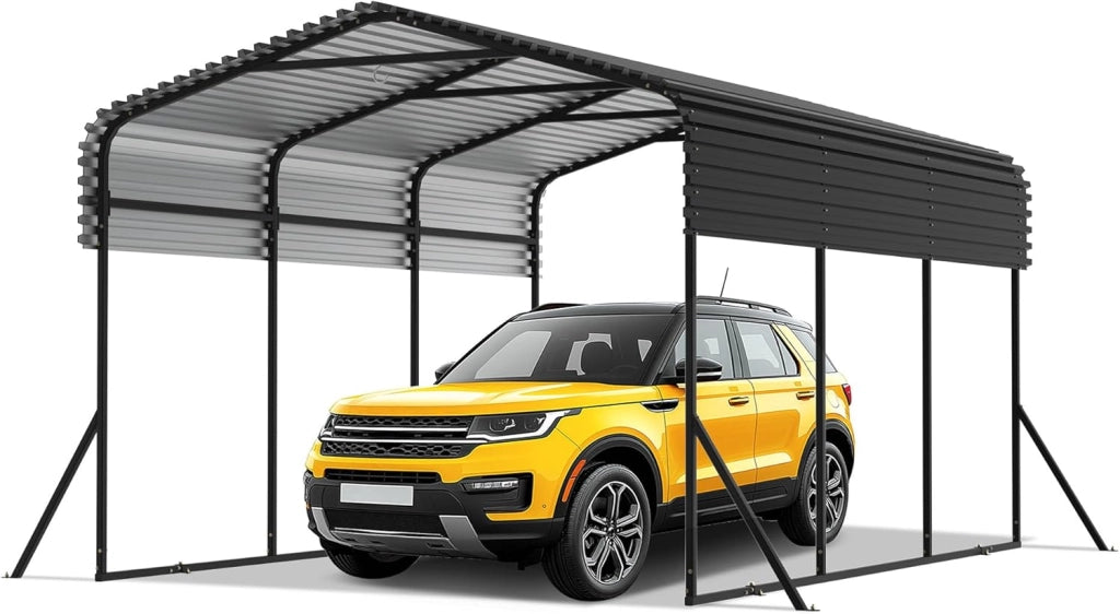 Tettoia per auto in metallo, 300 x 450 cm, con tetto a punta in lamiera trapezoidale, stabile, riparo auto, protezione solare e resistente alle intemperie
