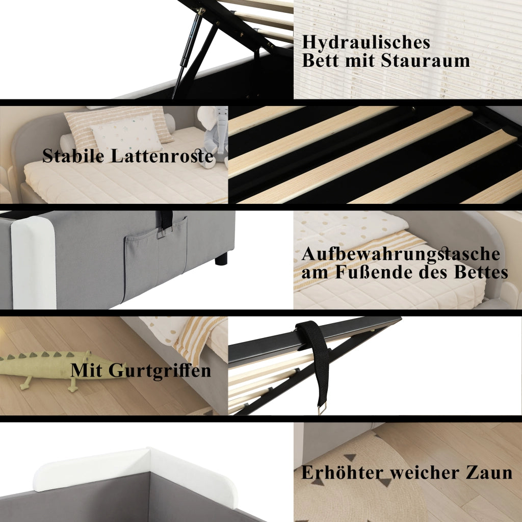 DESMIU Letto per bambini 1 posto con vano contenitore, sponda imbottita e tasca portaoggetti 90 × 200 cm, senza materasso