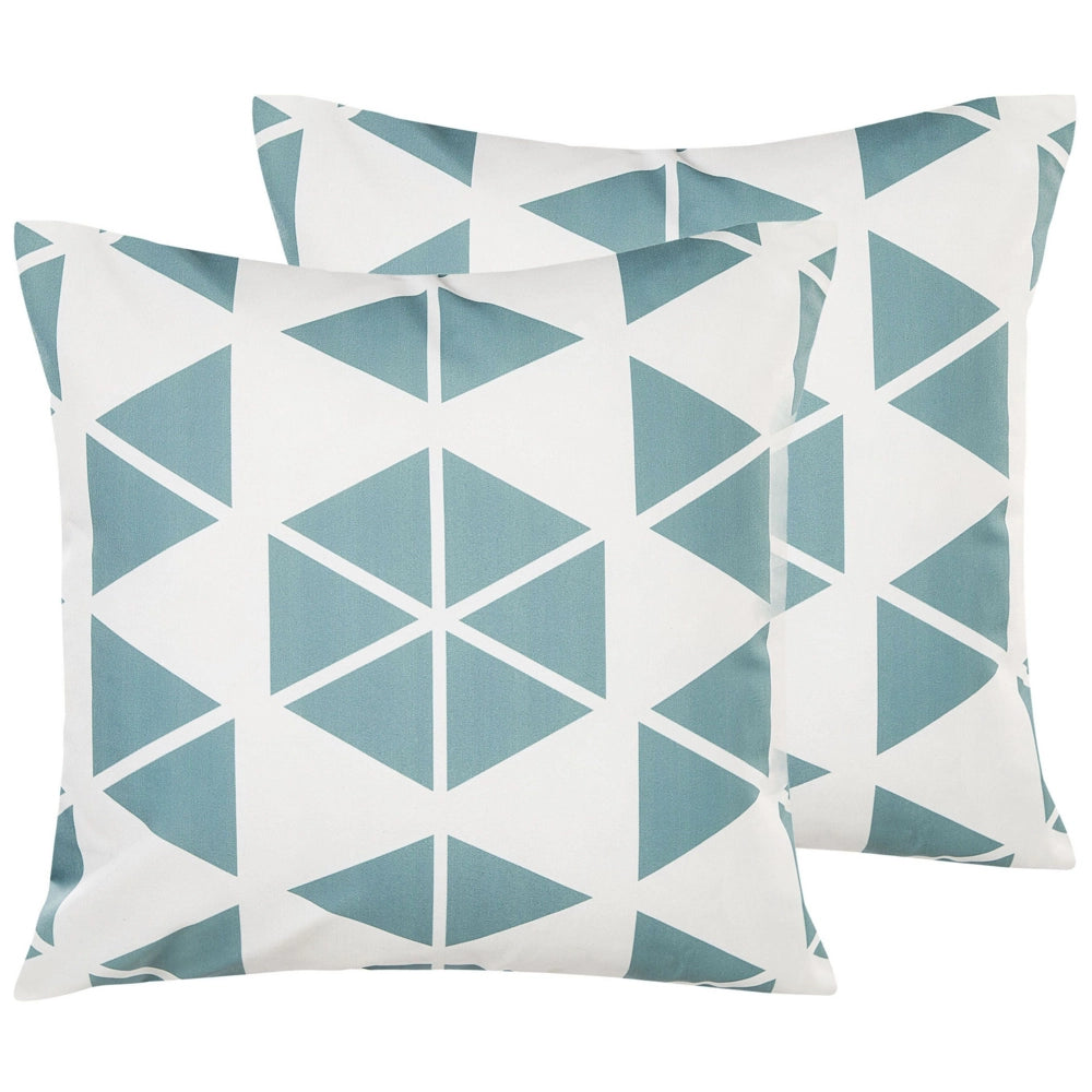 Set di 2 cuscini da giardino per esterni in poliestere bianco e blu quadrato 45 x 45 cm con motivo geometrico triangolare