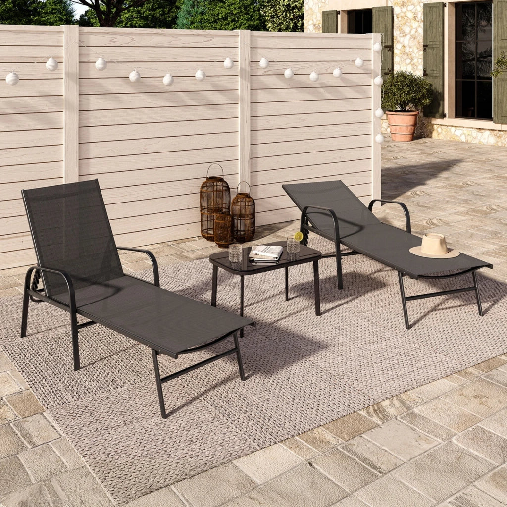IDMarket - Set di 2 lettini da giardino reclinabili FIDJI in acciaio nero e tessuto grigio antracite
