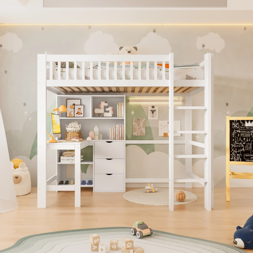 Letto a soppalco 90x200 cm con scrivania; cassetti e vani aperti in legno e MDF bianco