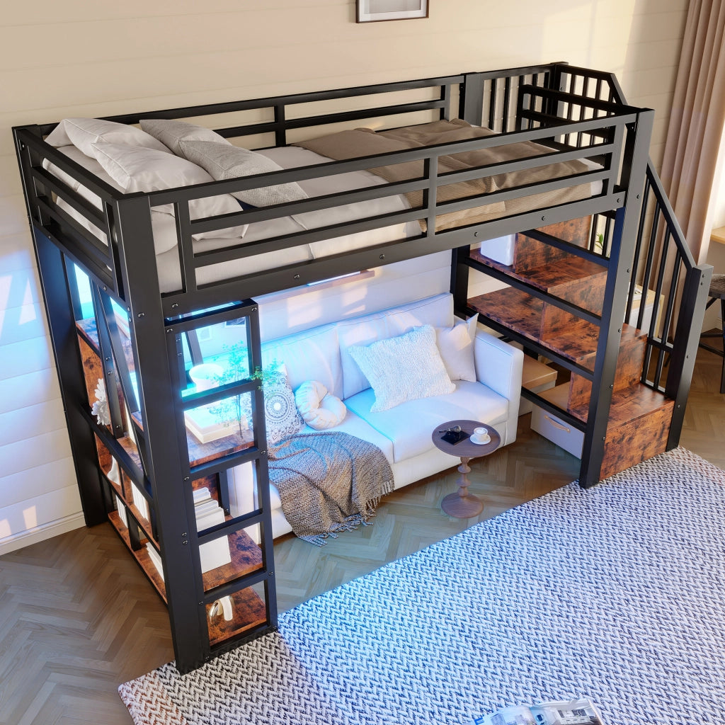 Letto a soppalco 90 x 200 cm nero con LED, scala contenitore e ripiani